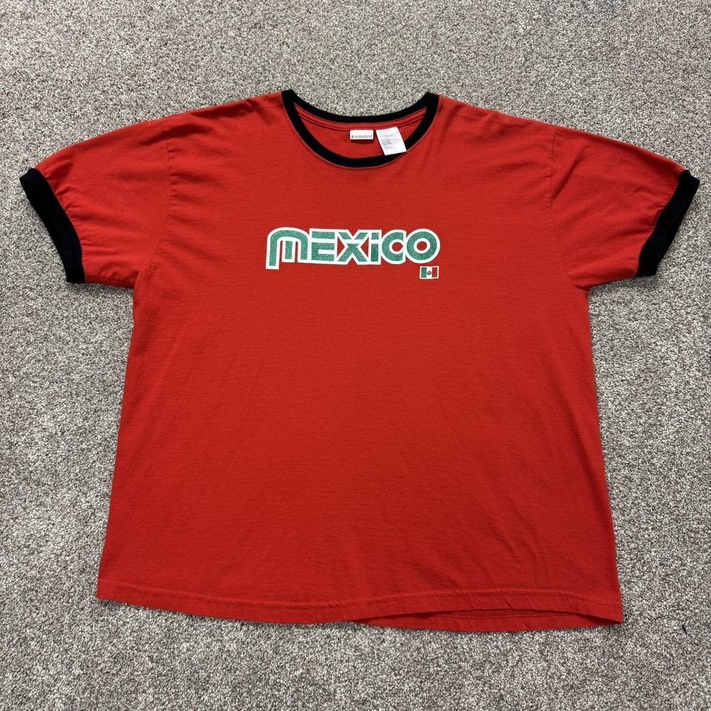 Y2K No Boundaries Shirt Mens Medium Red Mexico Ringer Graphic Tee T-Shirt Flag
